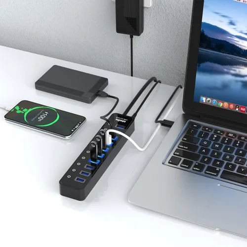 Vista 7 de Concentrador USB 3.0 alimentado, divisor de concentrador de datos USB de 10 puertos con interruptores individuales de encendido/apagado y adaptador