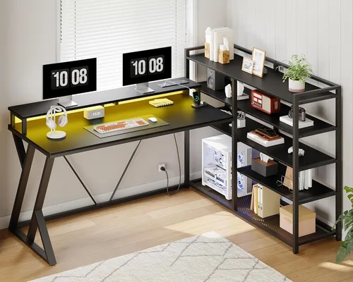 Vista 3 de RALGEND Escritorio para juegos en forma de L con estantería, escritorio reversible para computadora de 52 pulgadas con luz LED y toma de corriente
