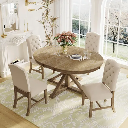 Vista 8 de Harper & Bright Designs Juego de mesa de comedor redonda extensible de 5 piezas y sillas tapizadas con estante para comedor familiar