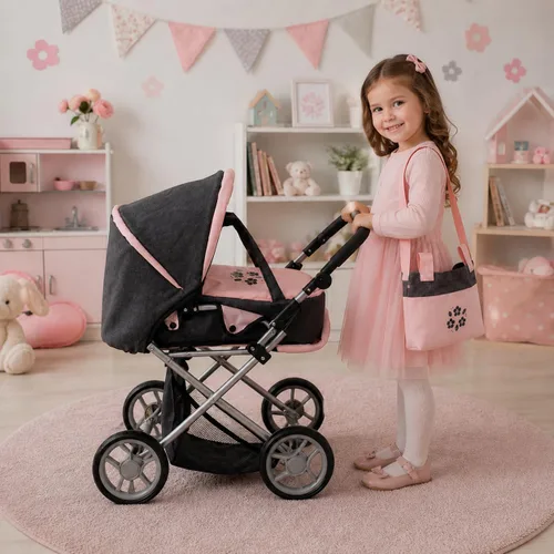 Vista 2 de Cochecito Convertible de Muñeca de Bebé con Portabebés de Viaje Extraíble para Niños, Mango Ajustable, Cochecito con Toldo y Cesta