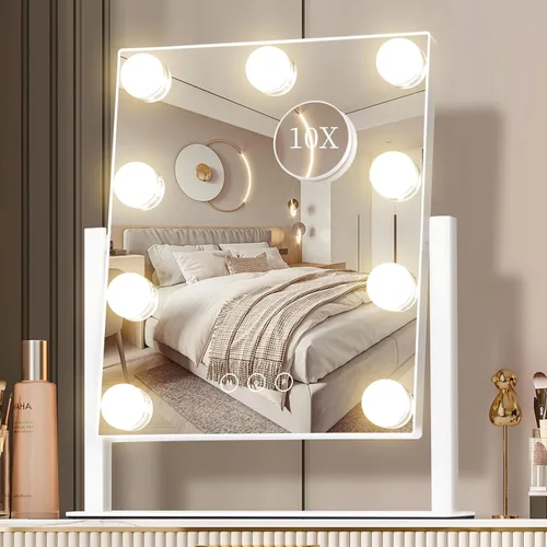 Vista 10 de Espejo de tocador con luces, espejo de maquillaje con luces con 9 bombillas LED regulables, 3 modos de iluminación de color desmontables, espejo
