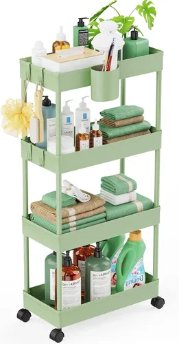 Vista 11 de LEHOM Carrito de almacenamiento delgado de 5.1 pulgadas, organizador de baño de 4 niveles, estantería móvil, carrito utilitario rodante, organizador
