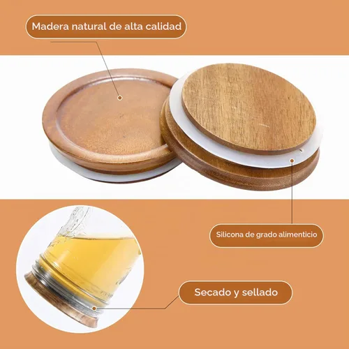 Vista 4 de Paquete de 6 tapas para frascos Mason de boca regular, tapas reutilizables para enlatado, tapas para frascos Mason de madera de acacia con sello