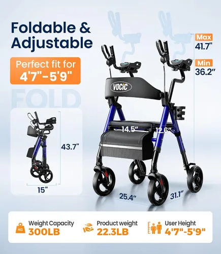 Vista 6 de VOCIC Caminantes para personas mayores, andador vertical con reposabrazos ajustables, Z22 GelCool Stand Up Walker con asiento y respaldo Ergo