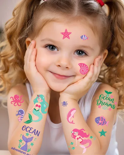 Vista 3 de Tatuajes temporales de sirena para niños, 106 bonitos diseños de océano y sirena, impermeables, no tóxicos y agradables al tacto, fáciles