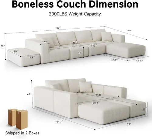 Vista 2 de Sofá modular de gran tamaño sin hueso de 150 pulgadas para sala de Beige