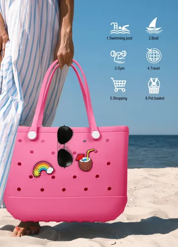 Vista 5 de Bolsa de playa de goma, impermeable, bolsa de viaje para mujer, lavable, bolsa de mano para deportes, playa, mercado, piscina