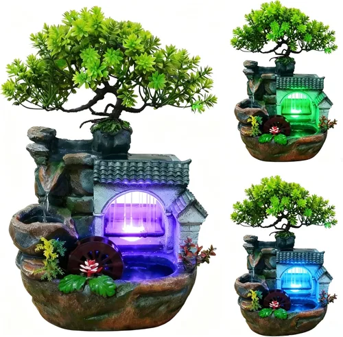 Vista 19 de Mini fuente artificial de mesa de roca con función de niebla de cascada de árbol bonsái