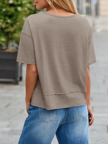 Vista 6 de Cicy Bell Camisetas de verano con cuello en V para mujer, casuales, de manga corta, holgadas, lindas camisetas básicas Caqui