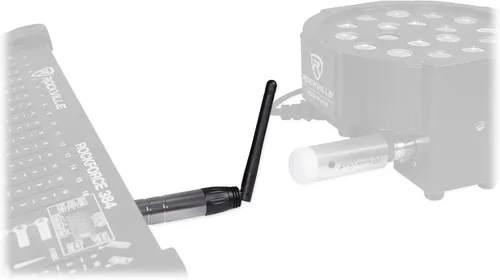 Vista 6 de Rockville Paquete DMX-WTR: transmisor de iluminación inalámbrico DJ DMX de 2.4 GHz, (2) receptores DMX inalámbricos DMX-WRE de 2.4 GHz con batería