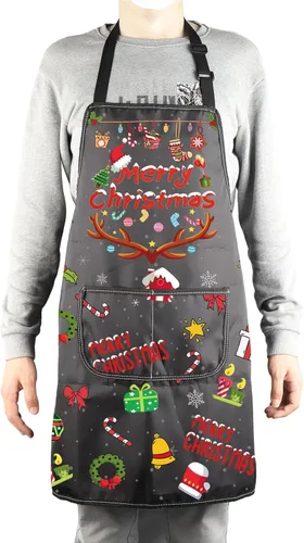 Vista 4 de Delantales de Navidad para mujeres y hombres, delantal de cocina de Navidad con bolsillos, regalos de Feliz Navidad, delantal de chef para hornear