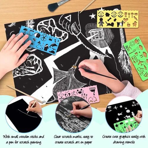 Vista 3 de ZOCONE Juego de arte de papel para rascar, 30 hojas de 8 x 11 pulgadas, papel para rascar grande con lápices y plantillas de madera, papel de arte