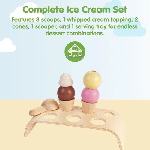 Vista 2 de PlanToys® Juego de helado de madera para niños Incluye soporte, cucharas y conos Comida de juego de simulación de postres para niños pequeños
