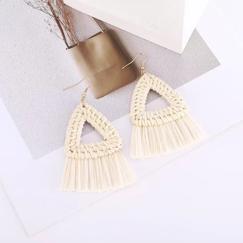 Vista 4 de Pendientes de ratán hechos a mano para mujer, tipo borla A de mimbre de paja, pendientes de geometría bohemia
