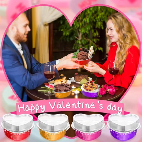 Vista 5 de 40 paquetes de moldes de aluminio en forma de corazón con tapas para hornear 3.4 onzas/3.4 fl oz para cupcakes para hornear para fiestas de boda