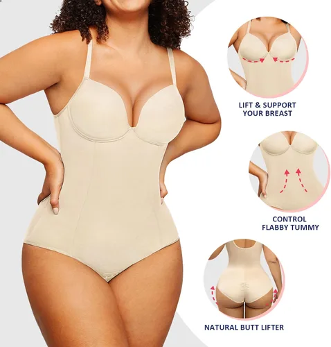 Vista 4 de FeelinGirl Body moldeador para mujer, sin espalda, sin tirantes, brasier integrado, talla grande, con control de abdomen