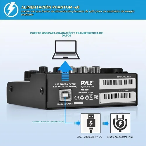 Vista 3 de Pyle - Mezclador de audio Bluetooth de 3 canales - Controlador de sonido DJ con tarjeta de sonido USB para grabación en PC - XLR - Conector