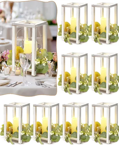 Vista 8 de Huquary 16 piezas de centro de mesa de madera para bodas, incluye 8 faroles de madera rústica y 8 portavelas sin llama para decoración de mesa