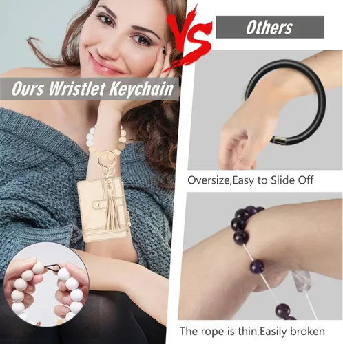 Vista 4 de KNGITRYI Cartera llavero pulsera para mujer, delgado RFID tarjeta de crédito, monedero, borla llavero brazalete para hombres y mujeres, Dorado, Rfid