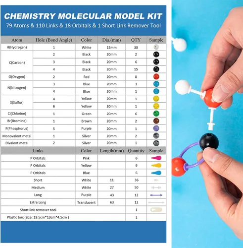 Vista 2 de HFKPJRT Kit de modelo molecular, 208 piezas de modelo molecular, química orgánica, kits de modelo de elementos atómicos para lecciones de química