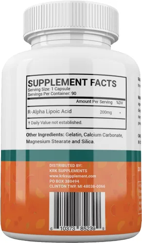 Vista 5 de KRK SUPPLEMENTS 1 Pack R-ALA R-Alfa Ácido Lipoico 200mg 90 Cápsulas