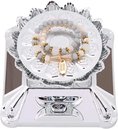 Vista 6 de Soporte de exhibición de joyas, luz LED solar para escaparate giratorio 360, reloj giratorio para teléfono, anillo de joyería (plata)