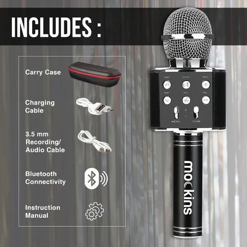 Vista 2 de Mockins Micrófono de Karaoke Bluetooth Negro para Niños con Altavoz Bluetooth Integrado Micrófono Inalámbrico de Karaoke Compatible con iPhone