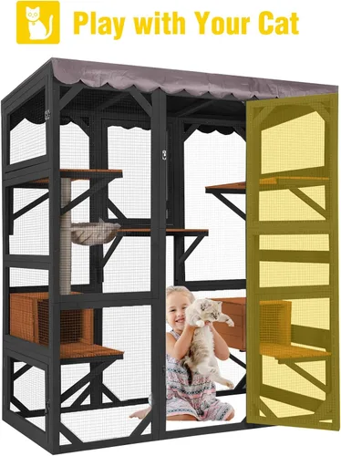 Vista 5 de Wooden Catio Outdoor Cat - Amplio condominio para gatos con 7 plataformas de escalada, 2 acogedoras casas de siestas, panel de ventana expandible