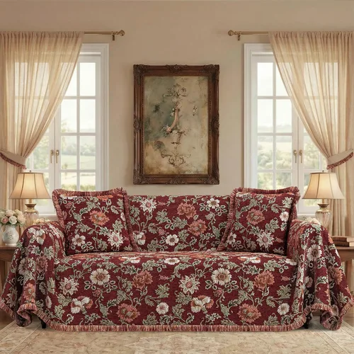 Vista 2 de Loom and Mill Fundas de sofá jacquard floral, funda de sofá de felpilla rústica con ribete de flecos para sofá de 2 a 3 cojines, funda de sofá