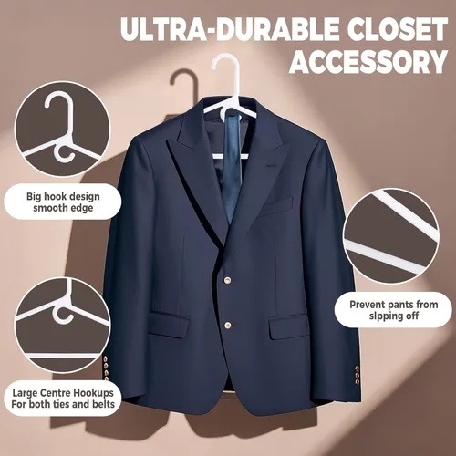 Vista 3 de Paquete de 10 perchas de plástico blanco de calidad, paquete múltiple súper resistentes para ropa, perchas de ropa estándar gruesas y fuertes