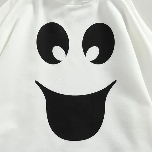 Vista 4 de Disfraz de Halloween para bebé, niña, niño, capa de fantasma, capa con estampado de mueca y sombrero, traje de cosplay B-blanco Smiley Capa Con