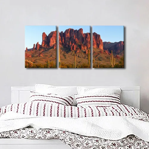 Vista 4 de TFIAVSIN Arte de pared de puesta de sol, imágenes de paisajes de Arizona, superstición, pinturas de montañas, 3 piezas, lienzo impreso, obra de arte
