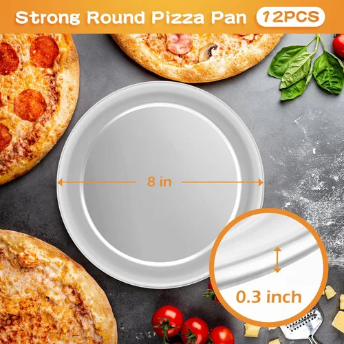 Vista 2 de Bokon Juego de 12 bandejas de pizza de 8 pulgadas para horno, antiadherentes, redondas, de aluminio, para pasteles, bandejas, hornear, restaurante