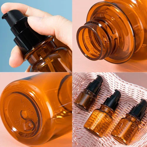 Vista 7 de vipolish 2 botellas de bomba vacías de plástico ámbar de 2.7 fl oz/2.7 onzas, contenedor de aceite, removedor de cosméticos, muestra de maquillaje