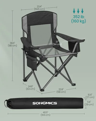 Vista 3 de SONGMICS Silla de camping, silla plegable de gran tamaño, cómoda y resistente, capacidad de peso de 352 libras, reposabrazos ajustables con bolsa