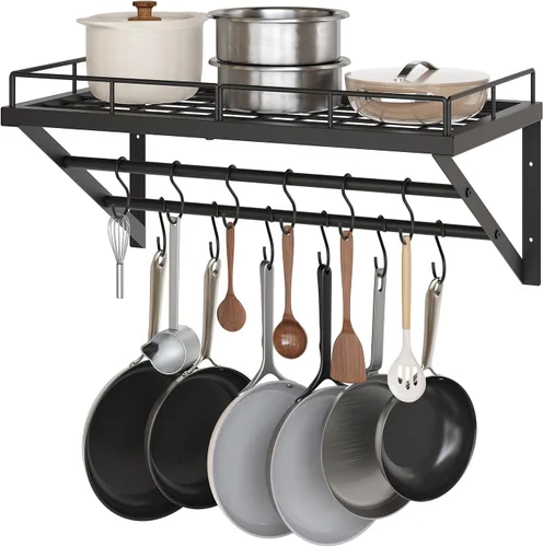 Vista 9 de YATINEY Estante para ollas, estante de pared de 30 pulgadas, organizador de ollas y sartenes de cocina con rieles colgantes de 2 niveles, 12 ganchos