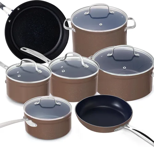 Vista 16 de Nuwave - Juego de 12 utensilios de cocina forjados y ligeros, revestimiento ultra antiadherente de cerámica Duralon G10 saludable, tapas de vidrio