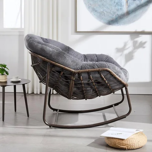 Vista 5 de Mecedora para patio al aire libre, cómoda mecedora de mimbre con cojín acolchado, salón de ratán de gran tamaño con marco sólido, moderna silla