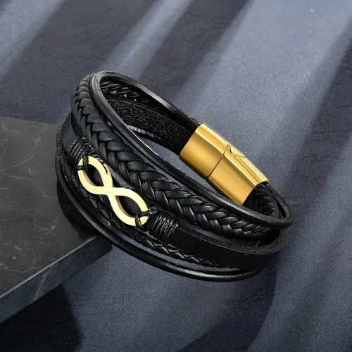 Vista 5 de Pulsera de cuero multicapa para hombre, 8.5 pulgadas, color negro o marrón, para hombre