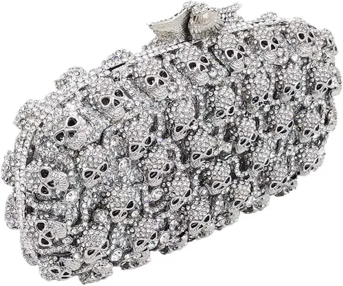 Vista 5 de Boutique De FGG Bolso de mano de cristal de calavera para mujer, bolso de mano de noche con diamantes de imitación, para fiesta, graduación