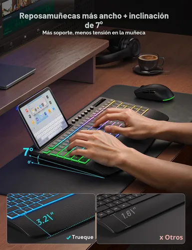 Vista 3 de Trueque Combo de teclado y mouse inalámbricos, teclado retroiluminado recargable de 4000 mAh con reposamuñecas y soporte para teléfono, escritura