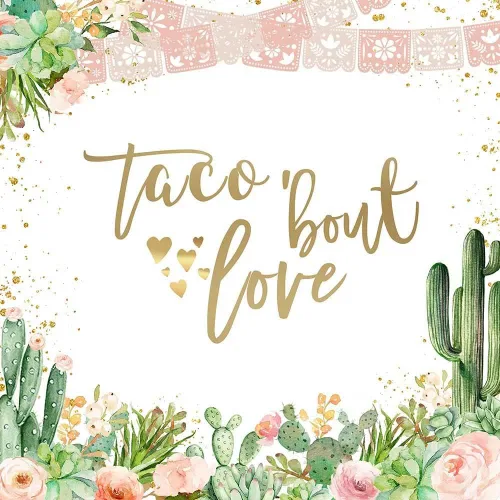 Vista 7 de Avezano Telón de fondo de amor con temática de Taco Bout Love y flores de cactus de oro rosa para boda, despedida de soltera, boda, compromiso