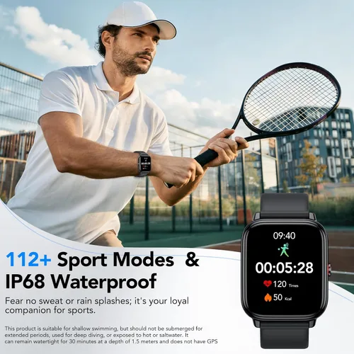 Vista 5 de Reloj inteligente para hombres y mujeres (respuestas/hacer llamadas), monitor de fitness con pantalla táctil HD de 1.83 pulgadas, tiempo de Negro