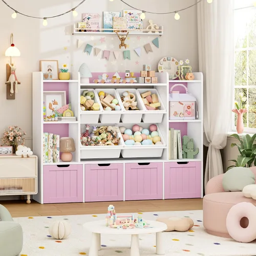 Vista 2 de FINETONES Organizador de almacenamiento de juguetes de 55.1 pulgadas con 6 cubos de juguetes, organizador grande de juguetes, estantería para niños