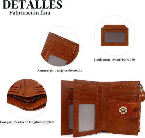 Vista 6 de Billetera para mujeres, billetera de cuero plegable de dos pliegues para mujeres con bloqueo RFID, compacta, tarjetero pequeño con ventana