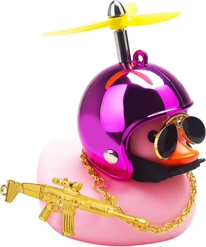 Vista 12 de wonuu Adornos de pato de goma para tablero de automóvil, juego de decoraciones de pato rosa con casco de hélice, lentes de sol, cadena dorada