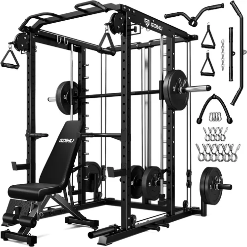 Vista 16 de Máquina S1-V4 Smith, jaula de potencia de 2000 libras con sistema de cruce de cables, estante de sentadillas todo en uno con barra Smith