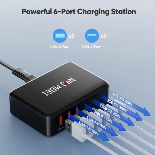 Vista 4 de GaN - Estación de carga de 130 W para múltiples dispositivos, bloque de carga rápida USB C de 6 puertos para iPhone 17 16 15 14 Pro Max, iPad, Negro