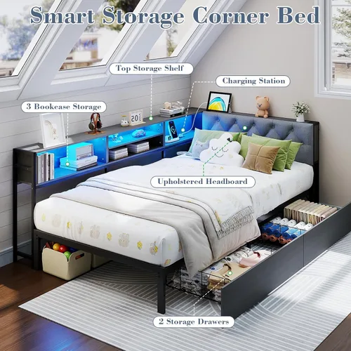 Vista 5 de Marco de cama de esquina tamaño twin con estante de almacenamiento y cabecero, cama de plataforma de esquina con luces LED y estación de carga, cama