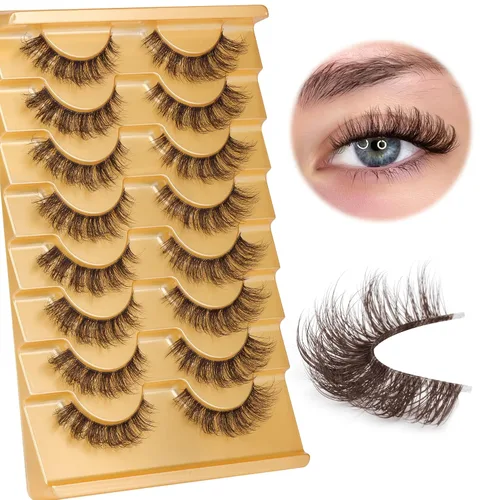 Vista 7 de Mavphnee Pestañas postizas marrones, ojo de gato, aspecto natural, extensión de pestañas rizadas D, banda transparente, pestañas marrones, pestañas